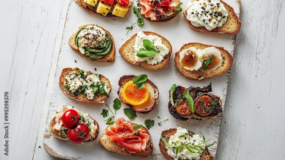 Variety of Gourmet Bruschetta on Rustic White Wooden Board