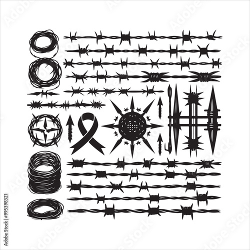 Barbed wire collection silhouette vector. Razor wire silhouettes. Barbed wire metallic border elements, barb wire set, barb wire icon.