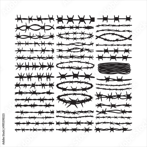 Barbed wire collection silhouette vector. Razor wire silhouettes. Barbed wire metallic border elements, barb wire set, barb wire icon.