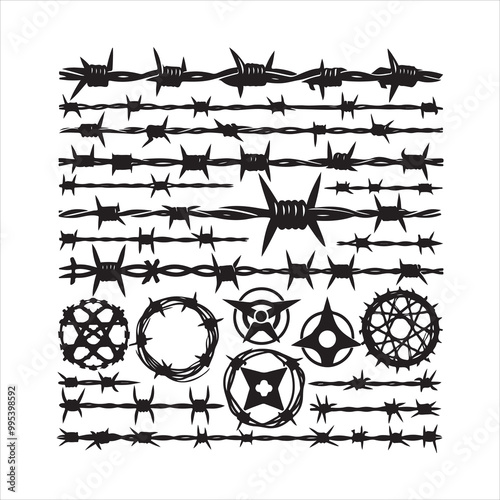 Barbed wire collection silhouette vector. Razor wire silhouettes. Barbed wire metallic border elements, barb wire set, barb wire icon.