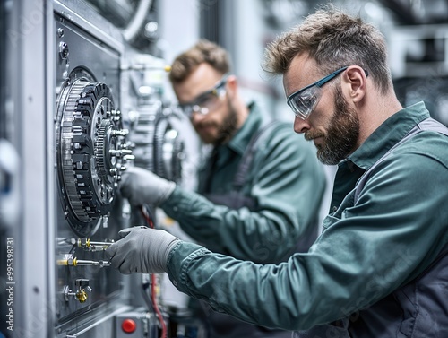 Engineers working on machinery in a factory.