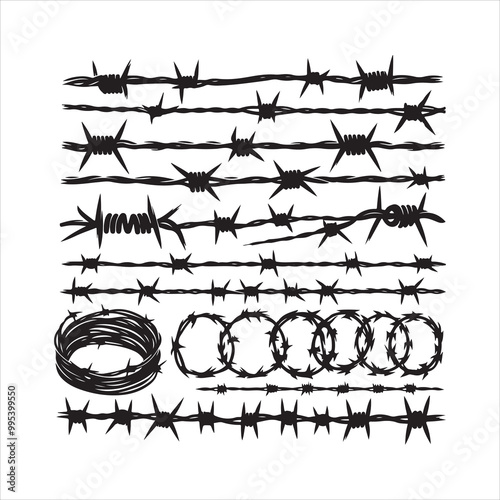 Barbed wire collection silhouette vector. Razor wire silhouettes. Barbed wire metallic border elements, barb wire set, barb wire icon.