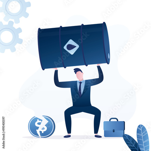 Investor loser trying lift heavy oil barrel. Oil price crisis, risk from energy or oil company stock or loss from commodity price volatility concept.