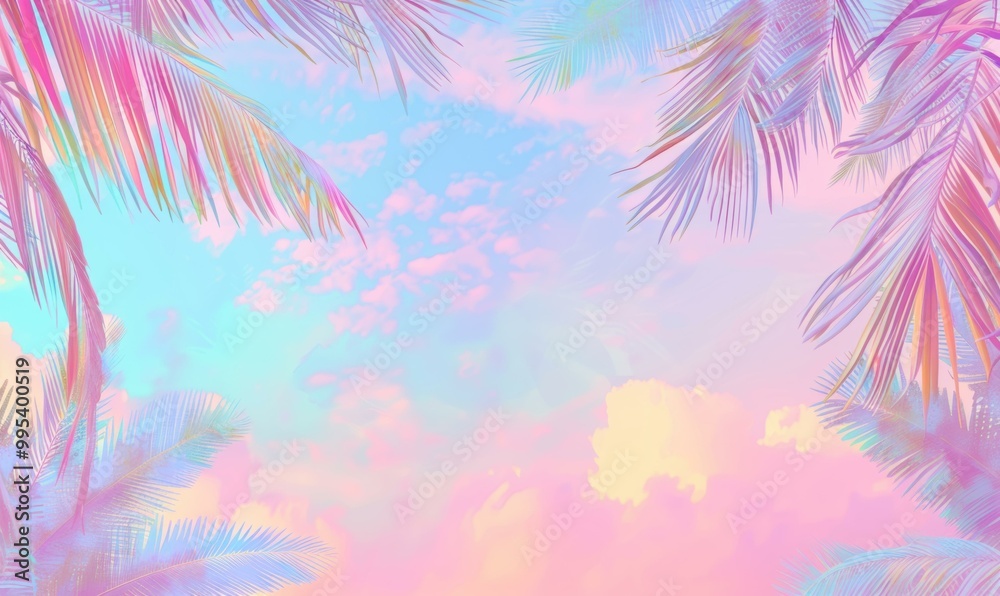 Obraz premium Palm leaves against a colorful sky. AI.
