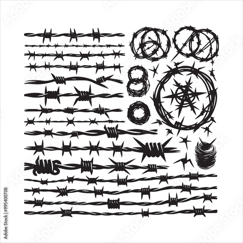 Barbed wire collection silhouette vector. Razor wire silhouettes. Barbed wire metallic border elements, barb wire set, barb wire icon.