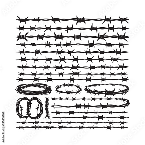 Barbed wire collection silhouette vector. Razor wire silhouettes. Barbed wire metallic border elements, barb wire set, barb wire icon.