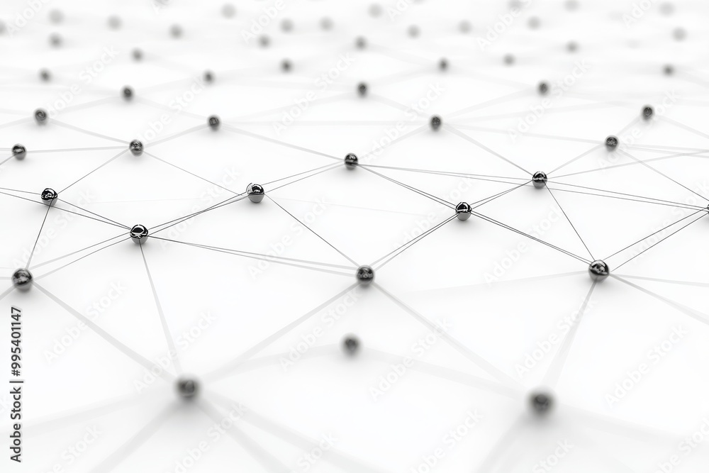 Minimalist white abstract network of black nodes connected by fine lines symbolizing digital connectivity data networks and IT communication systems