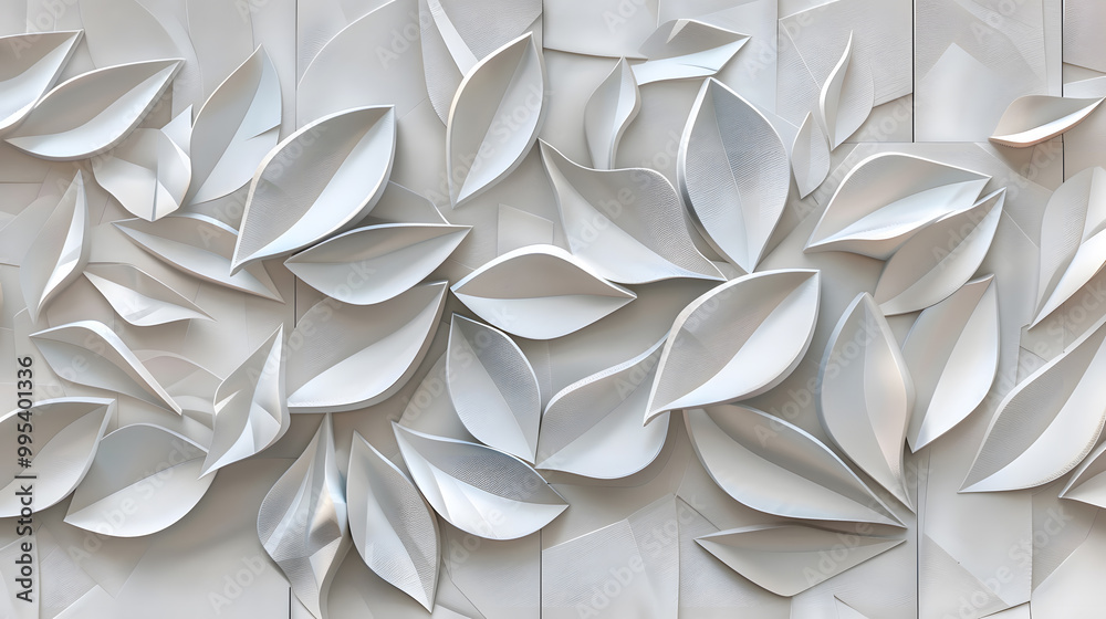 White geometric leaves 3d tiles texture Wood background. Generative AI. White geometric leaves 3d tiles texture Wood background. Generative AI.