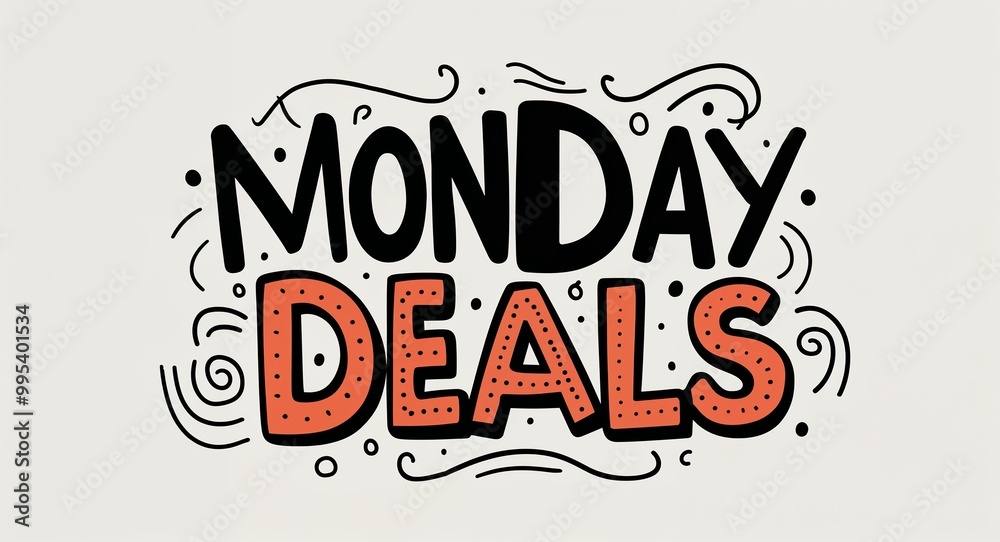 Naklejka premium Monday deals word lettering with groovy doodles drawing design on plain white background