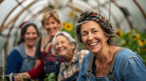 A group of women laugh together in a greenhouse. AI.