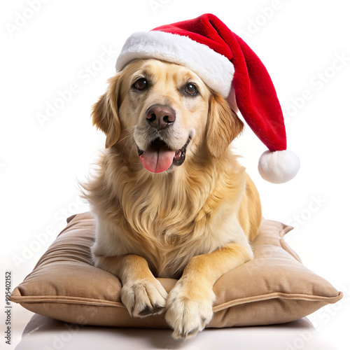 Golden Retriever sitting on a Throw Pillow with Christmas hat.