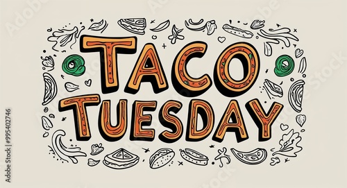 taco Tuesday word lettering with groovy doodles drawing design on plain white background