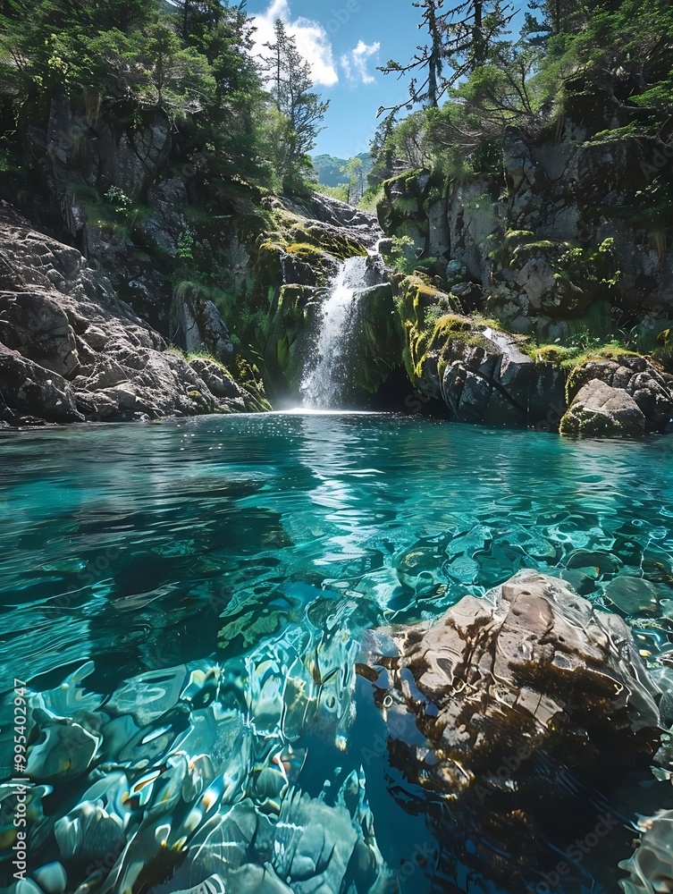 Naklejka premium A serene waterfall cascading into a crystal-clear pool surrounded by lush greenery.