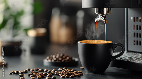 A coffee machine is pouring coffee into a black cup