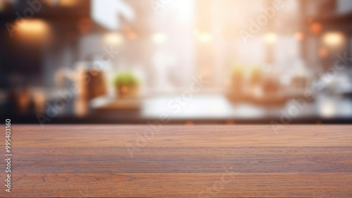 brown wooden table top blurred defocused modern kitchen interior background,Beautiful empty, with daylight flare,sink, shelf, product montage display,banner