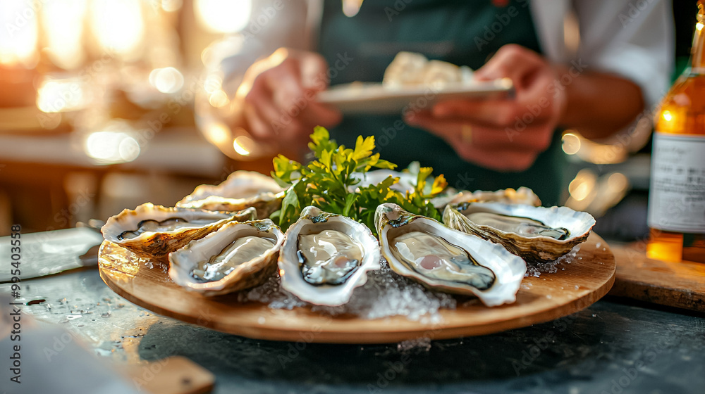 A person is holding a plate of oysters and a tablet A person is holding a plate of oysters and a tablet