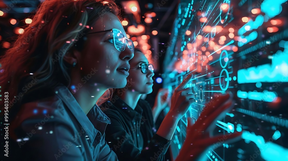Fototapeta premium Two individuals interacting with a digital interface displaying data and analytics.