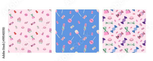 Sweets and candy seamless pattern. Chocolate, different lollipop, marmalade. Confectionery textile, wrapping paper, wallpaper design. Print christmas and birthday kids present cartoon flat background