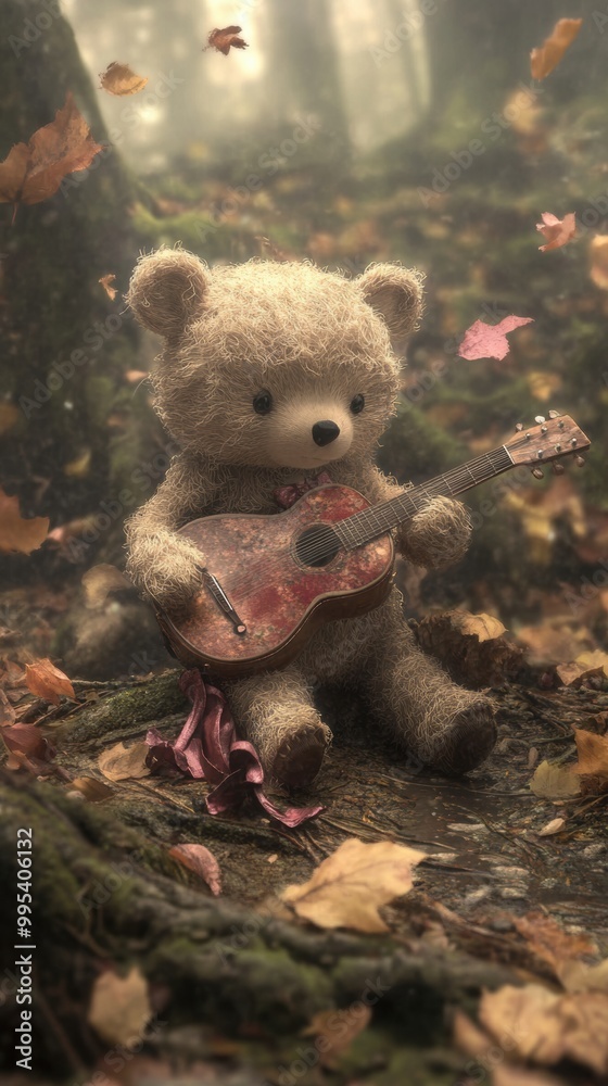 A teddy bear with a guitar in the woods A teddy bear with a guitar in the woods