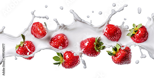 Strawberries flying trough a creamy milk splash
