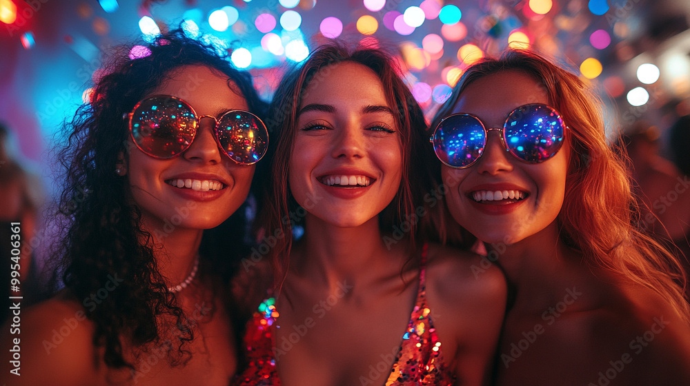 Three joyful women smile at a vibrant party setting, wearing stylish sunglasses and shining outfits, surrounded by colorful lights. Three joyful women smile at a vibrant party setting, wearing stylish sunglasses and shining outfits, surrounded by colorful lights.
