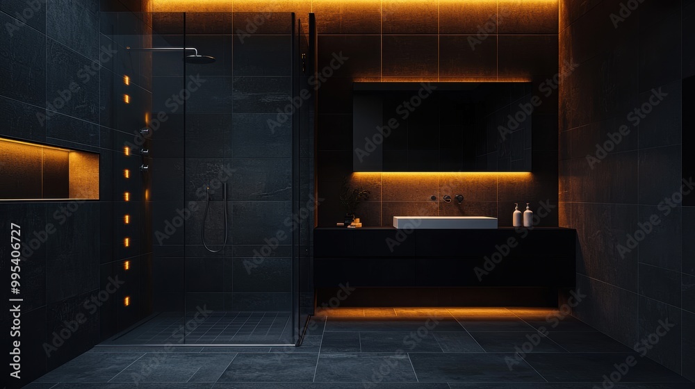 Modern Bathroom Mockup with Sleek Black Tiles Modern Bathroom Mockup with Sleek Black Tiles
