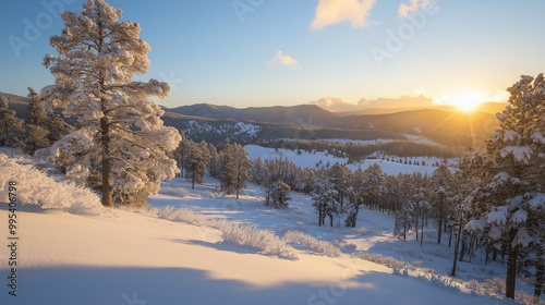 Golden sunrise over snowy winter forest landscape