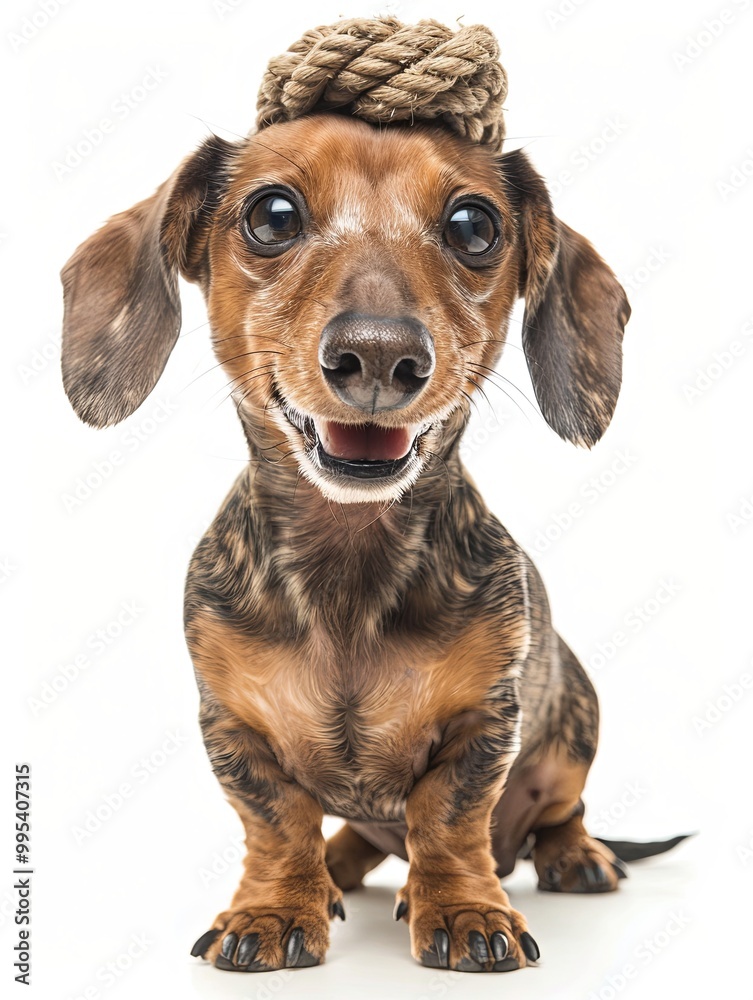 Playful Dachshund with a knotted rope toy atop its head, gazing at the camera with a smiley emoticon, full-body pet portrait on a pure white background.
Playful Dachshund with a knotted rope toy atop its head, gazing at the camera with a smiley emoticon, full-body pet portrait on a pure white background.