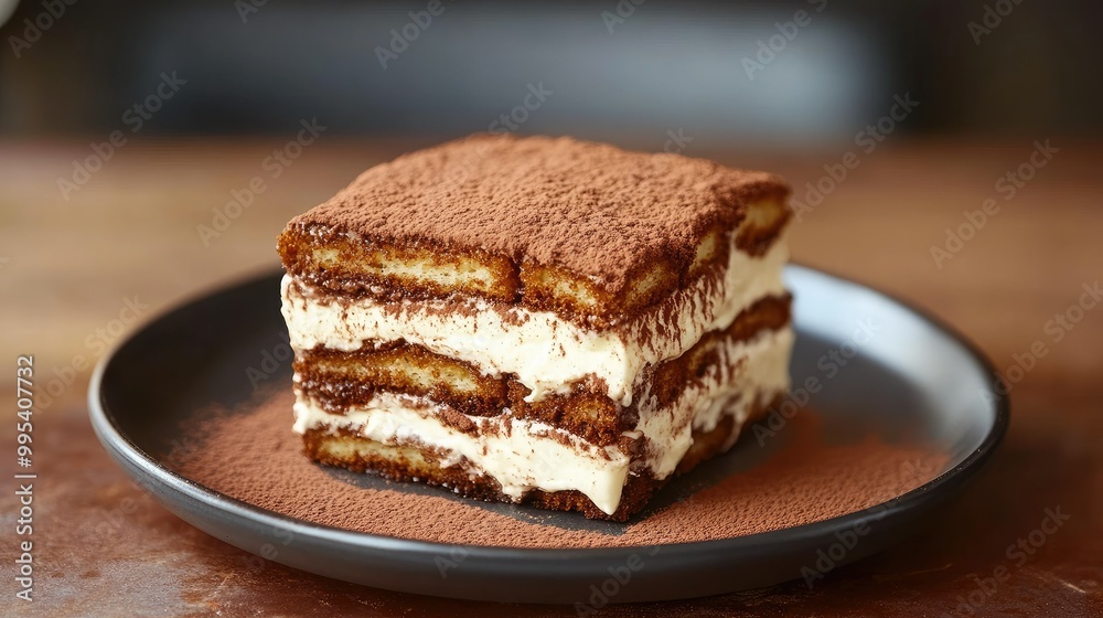 A decadent tiramisu dessert with layers of coffee-soaked ladyfingers, mascarpone cream, and a dusting of cocoa powder. A decadent tiramisu dessert with layers of coffee-soaked ladyfingers, mascarpone cream, and a dusting of cocoa powder.