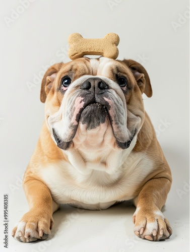 Lively Bulldog with a rubber bone perched on its head, looking towards the camera with a smiley emoticon, full-body pet portrait against a pure white background.