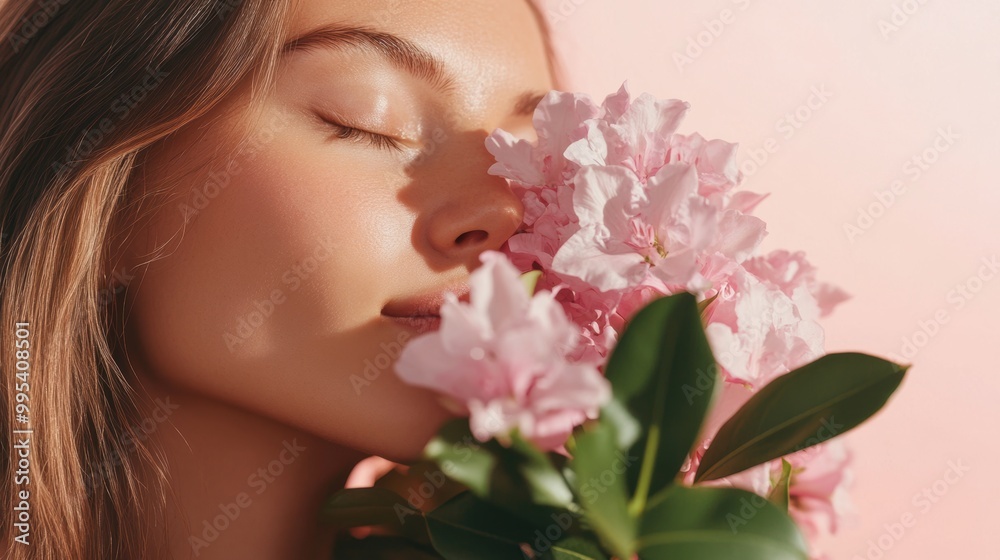 A serene woman closes her eyes, gently holding a bouquet of pink flowers against her face, embodying tranquility and beauty.