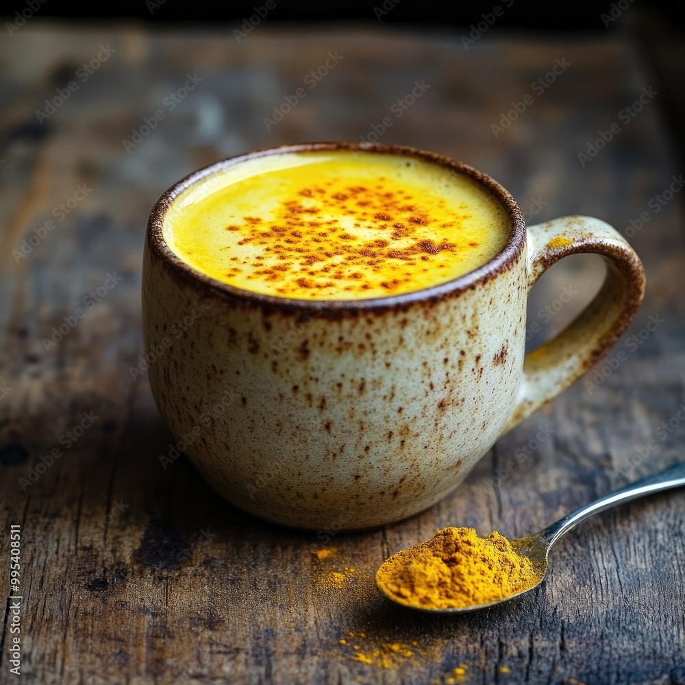A detailed shot of a golden turmeric latte in a ceramic mug, placed on a rustic wooden table with a spoon of turmeric powder beside it A detailed shot of a golden turmeric latte in a ceramic mug, placed on a rustic wooden table with a spoon of turmeric powder beside it