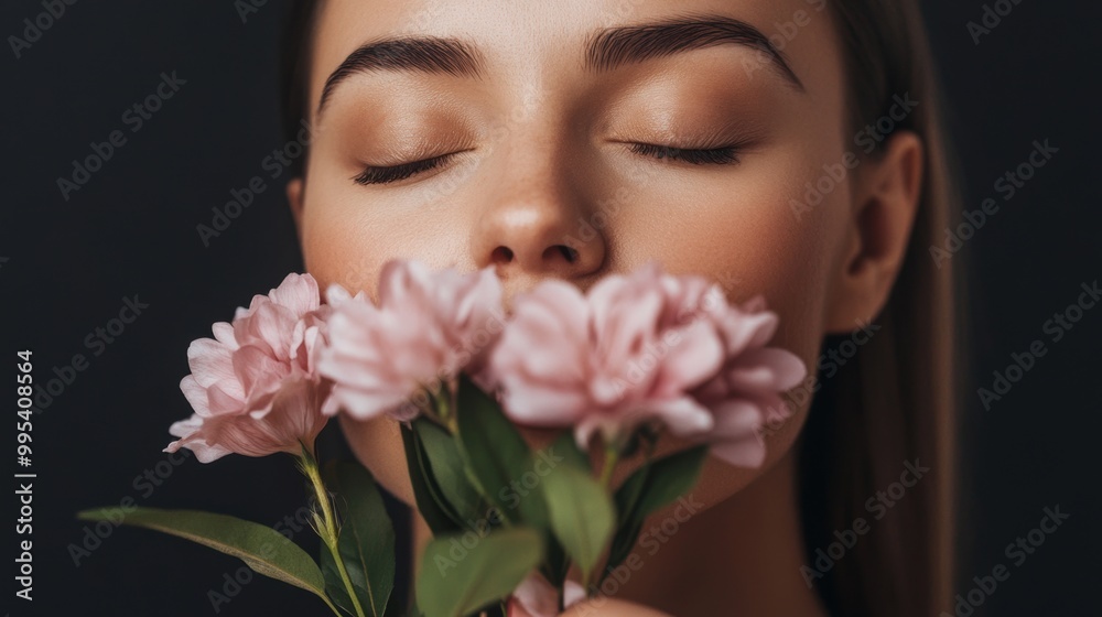 A serene woman with closed eyes gently holds pink flowers close to her face against a dark background, exuding a feeling of tranquility and beauty. A serene woman with closed eyes gently holds pink flowers close to her face against a dark background, exuding a feeling of tranquility and beauty.