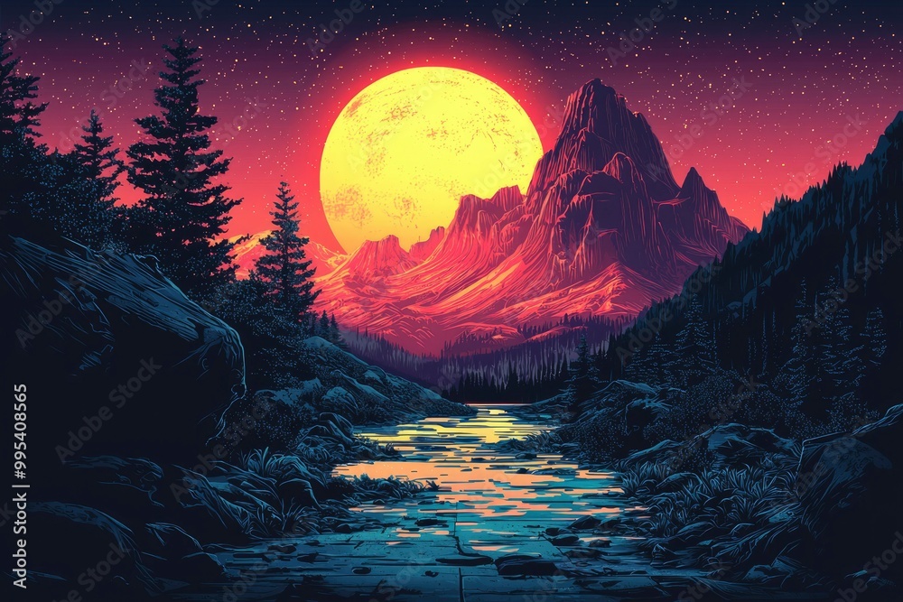A Starry Night with a Giant Moon Over a Mountainous Landscape and a Winding River A Starry Night with a Giant Moon Over a Mountainous Landscape and a Winding River