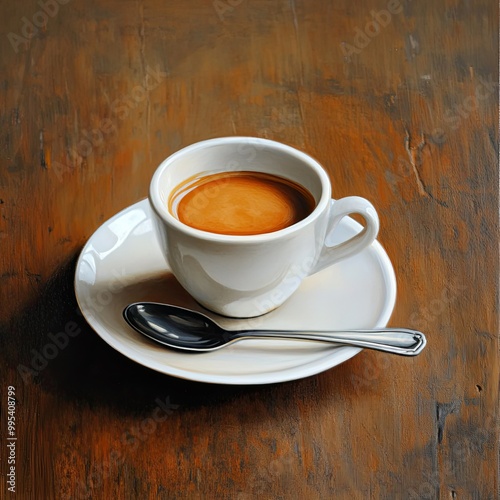 A detailed shot of an espresso cup placed on a saucer, with a teaspoon resting beside it, on a caf-style wooden table