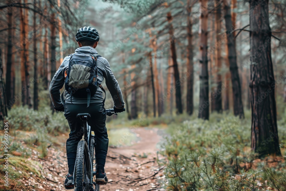 A man is riding a bike in a forest, generative ai image A man is riding a bike in a forest, generative ai image