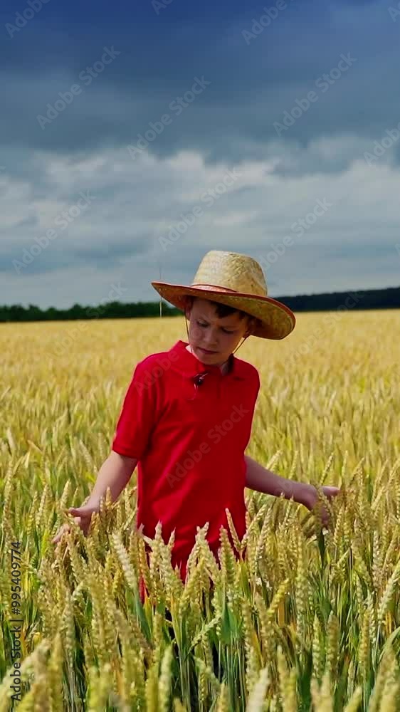 Teenager on a wheat field. Boy in a red t-shirt and a straw hat is walking on the field in summer. Agriculture concept. Vertical video Teenager on a wheat field. Boy in a red t-shirt and a straw hat is walking on the field in summer. Agriculture concept. Vertical video