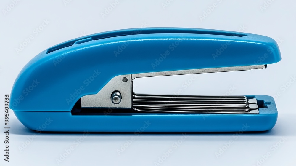 A blue stapler with two strips of staples. It is a common office supply used to bind papers together. The stapler is made of metal and has a plastic handle. The staples are made of thin wire A blue stapler with two strips of staples. It is a common office supply used to bind papers together. The stapler is made of metal and has a plastic handle. The staples are made of thin wire