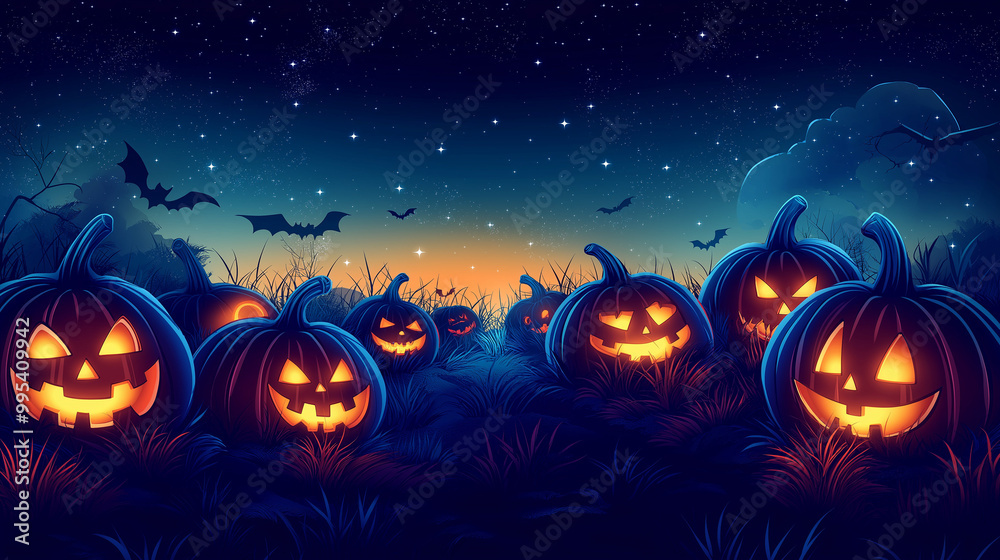 a Halloween vector background with a pumpkin patch bathed in the glow of jack-o'-lanterns and a starry night sky a Halloween vector background with a pumpkin patch bathed in the glow of jack-o'-lanterns and a starry night sky