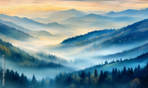 silhouettes of morning mountains. foggy morning in the Carpathians