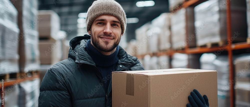 Smiling warehouse worker holding a cardboard box Smiling warehouse worker holding a cardboard box