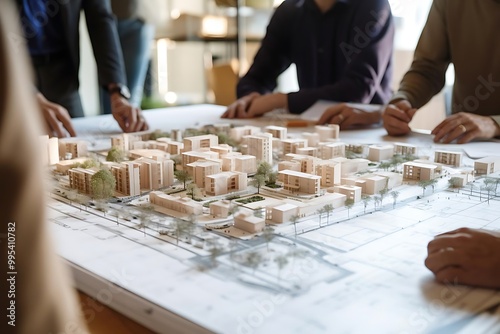 Model bangunan perumahan dengan banyak detail, sedang dibahas oleh beberapa orang.