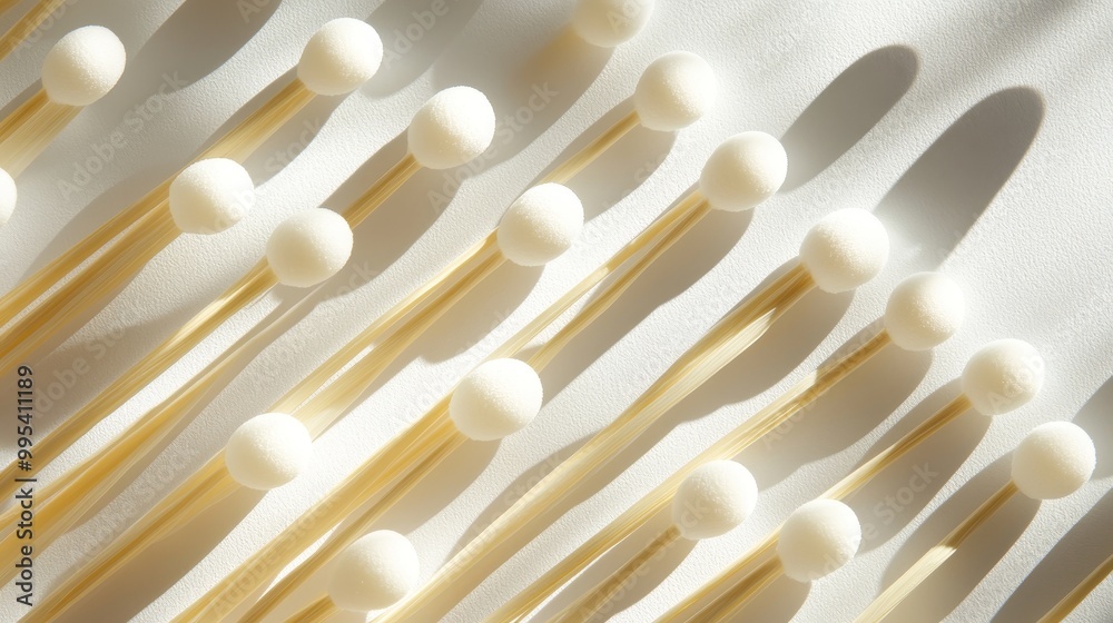Cotton buds arranged in geometric patterns, collage style, minimalistic white background, soft shadows, bright lighting, modern clean aesthetic, sharp focus Cotton buds arranged in geometric patterns, collage style, minimalistic white background, soft shadows, bright lighting, modern clean aesthetic, sharp focus