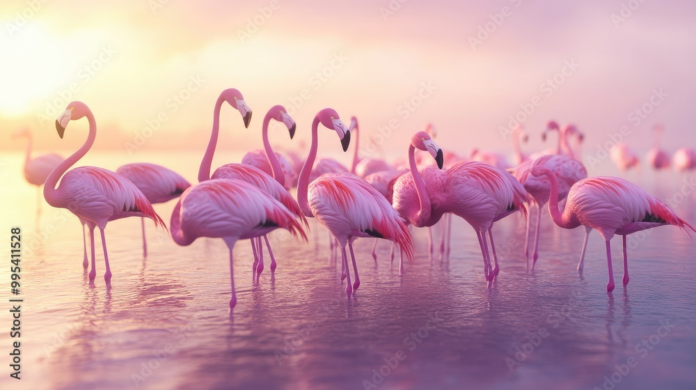 Obraz premium A flock of flamingos standing in shallow water, their pink feathers glowing in the soft morning light.