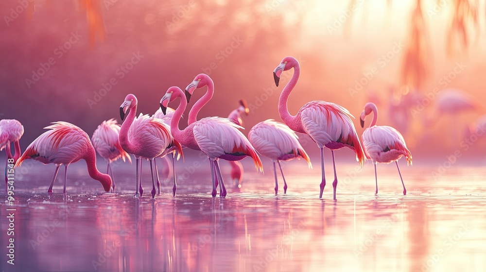 Fototapeta premium A flock of flamingos standing in shallow water, their pink feathers glowing in the soft morning light.