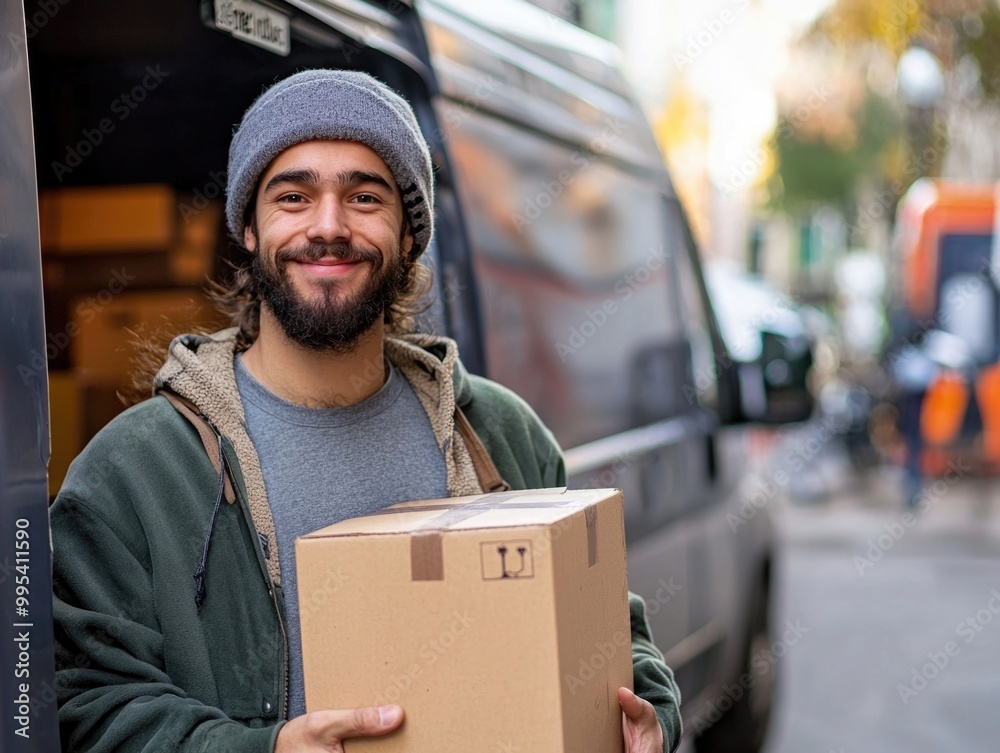 Delivery worker smiling while holding a package near a van Delivery worker smiling while holding a package near a van