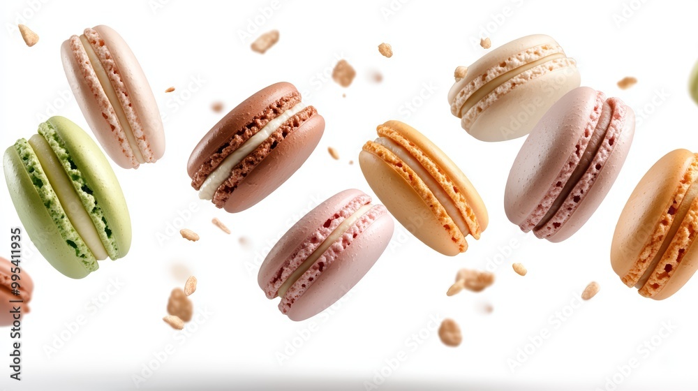 Fototapeta premium Floating Assorted Macarons with Crumbs on White Background