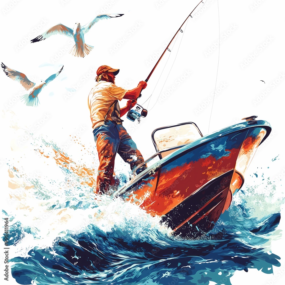 Naklejka premium A determined fisherman casts his line into the vibrant waters, surrounded by splashing waves and soaring gulls, capturing the spirit of adventure and the thrill of the catch in nature's embrace.