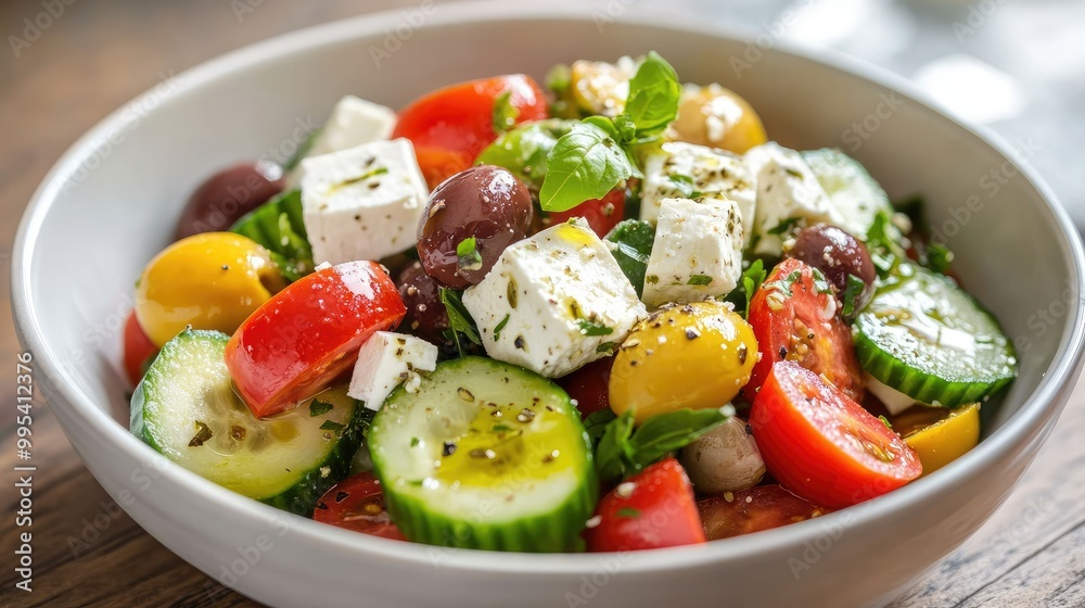 A fresh bowl of Mediterranean salad with cucumbers, tomatoes, olives, and feta cheese, drizzled with olive oil. A fresh bowl of Mediterranean salad with cucumbers, tomatoes, olives, and feta cheese, drizzled with olive oil.
