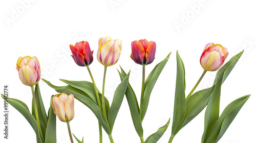 Tulips flower with leaves isolated on transparent background, png